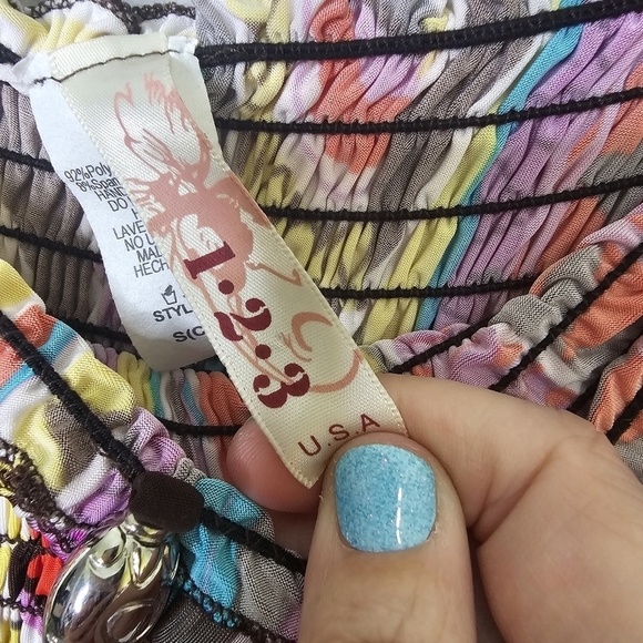 1.2.3 Vibrant Multicolor Smocked Midi‎ Dress Attached Beaded Necklace S Small - Picture 8 of 10